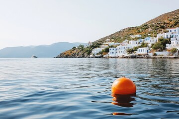 Canvas Print - A bright orange buoy floating in the center of a calm lake or sea, great for illustrations about safety, recreation, or environmental themes