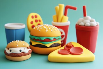 Sticker - A close-up shot of a hamburger, fries, and soda