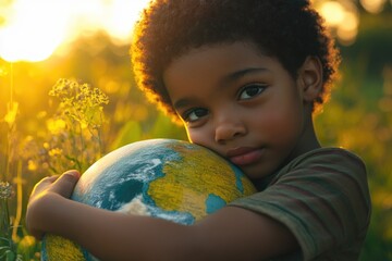 Poster - A young boy holds a globe in an open field, perfect for education or travel-themed projects