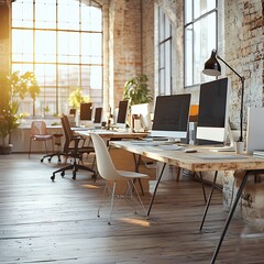 Canvas Print - A modern office space with large windows, wooden furniture, and computers for a productive work environment.