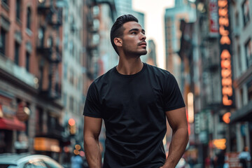 a man in a black shirt stands on a city street