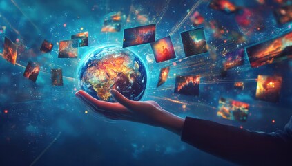 Digital world concept with a hand holding digital media, a globe, and multiple pictures flying around in motion on a blue background Generative AI