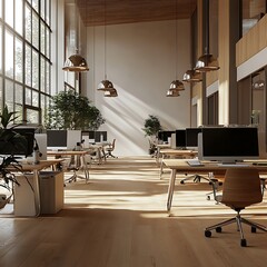 Canvas Print - A modern office space with large windows, wooden accents, and organized workstations.