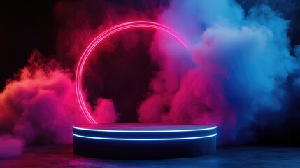 Wall Mural - a stage with a glowing neon circle in the center, suitable for music events or parties