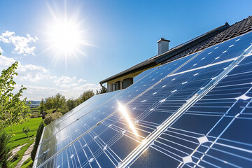 Solar panels installed on a residential rooftop gleaming under bright sunlight, capturing renewable energy and highlighting eco-friendly practices in a modern home