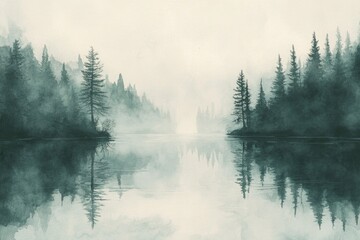 Poster - A serene landscape of a lake surrounded by tall trees and greenery