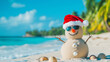 © Maridav - Christmas vacation concept. Sand snowman wearing a Santa hat and sunglasses, enjoying tropical beach with blue ocean. Blending Christmas with a sunny vacation theme. Image made using Generative AI.