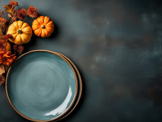 Flat lay composition of autumn harvest pottery and copy space. Rustic stoneware with fall decor. Teal plate on teal background with pumpkins and herbs. Wabi sabi pottery inspiration. Food blog concept