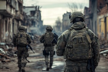 Soldier with assault rifle in military uniform is ready for storm in city streets