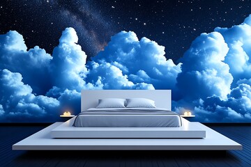 Leinwandbilder - Simple minimalist design of a bed under a starry sky, representing sleep and the tranquility of night in clean lines and soft tones