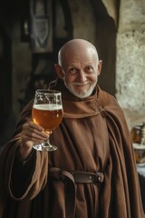 Sticker - A person wearing monk robes holds a glass of beer, casual scene