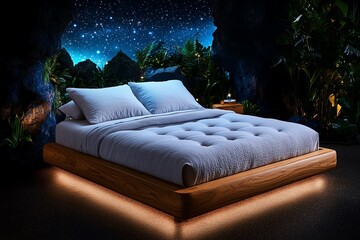 Leinwandbilder - Simple minimalist design of a bed under a starry sky, representing sleep and the tranquility of night in clean lines and soft tones