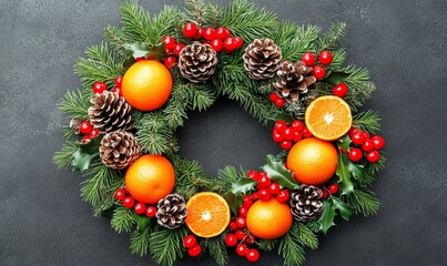 An image of a colorful holiday wreath against a background of soft gray