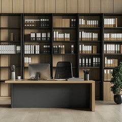 Canvas Print - A modern office space featuring a desk, computer, and organized shelves filled with files and documents.