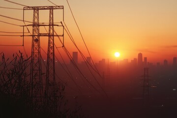 Wall Mural - A cityscape at sunset with power lines in the foreground, ideal for use as a background or to add atmosphere to your project