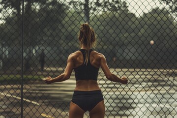 Canvas Print - A woman stands in a black bikini on a tennis court, ready to play