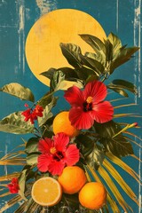 Sticker - A still life composition featuring oranges, flowers, and a bright full moon in the background