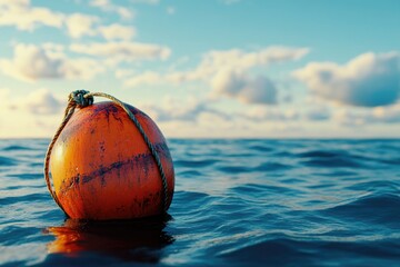 Canvas Print - A bright orange buoy floats in the open ocean, surrounded by blue water and a hint of sunlight