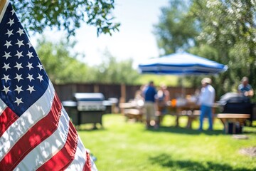 Canvas Print - An American flag hung from a tree branch in a public park