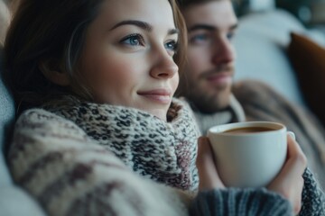 Wall Mural - A man and a woman sitting together on a couch, enjoying their morning coffee