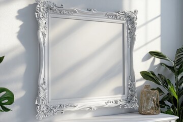 Wall Mural - A simple still life scene with a white mirror placed on a table next to a potted plant