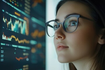 Wall Mural - A woman wearing glasses looks at a computer screen, likely working or researching