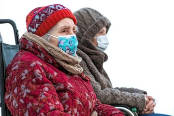 Canvas Print - Two elderly women sit on a bench while wearing face masks, highlighting social distancing measures during the pandemic