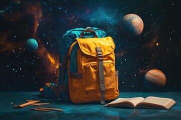 Poster - A student's desk with a backpack, pencils, and a book