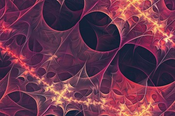 Abstract geometric pattern with interconnected yellow and pink cells on a dark background. Digital art for backgrounds and wallpapers. Background image or macro photography of membrane cell. AIG51.