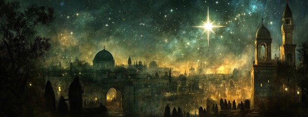 a magical christmas night in jerusalem with stars and the shining star of bethlehem over the ancient