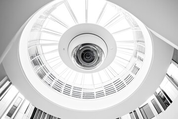 Poster - A black and white photograph of a spiral staircase, perfect for use in a historical or architectural context