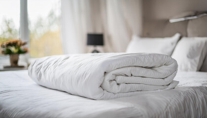 Soft white duvet lying on bed. Cozy bedroom.