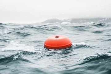 Canvas Print - A bright orange buoy floating on calm waters of the ocean