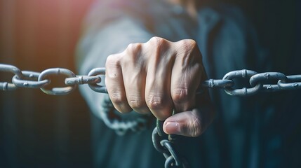 Hands of a man with chains in the hands of the prisoner