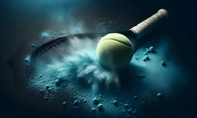 Dynamischer, gelber Tennisball mit Tennisschläger und blauem Hintergrund, copy space