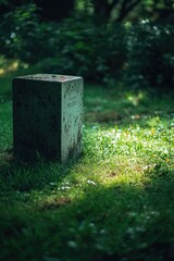 Wall Mural - A large stone block sits in the middle of an open field, surrounded by green grass and blue sky