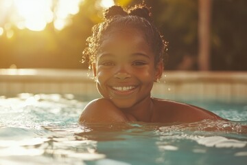 Poster - A young girl with a big smile enjoying the water in a swimming pool