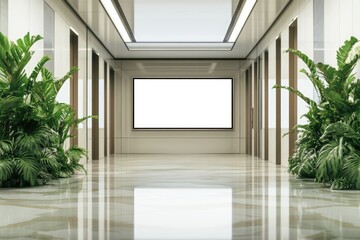 Poster - Long corridor with lush greenery and a large digital display