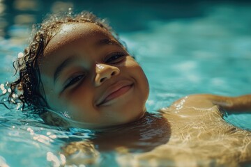 Poster - A young girl smiling and enjoying the water while floating in a pool