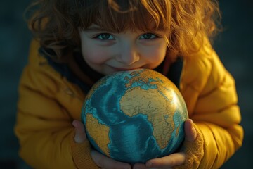 Wall Mural - A young child holds a globe in her hands, exploring the world