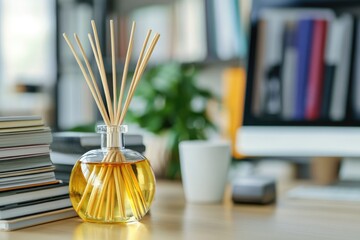 Sticker - A still life composition featuring a glass vase filled with reeds and placed next to a stack of books