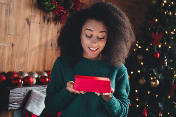 Poster - Photo of pretty young woman look hands hold present box wear sweater christmas festive time apartment indoors