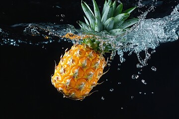 Fresh pineapple falling in transparent water