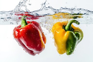 Wall Mural - Red and yellow pepper falling into water on white background