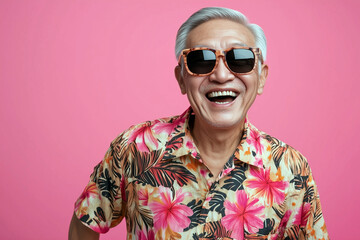 A cheerful Asian elderly man with white hair wears vibrant sunglasses and a colorful Hawaiian shirt, smiling joyfully against a bright pink background.