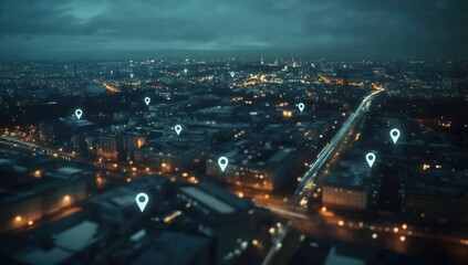 Aerial view of an urban landscape at night, with white location pins above it representing the places where you can use your mobile phone to track weather and lifestyle data Generative AI