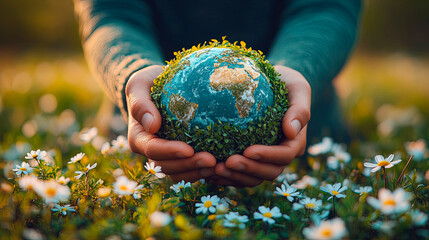 Wall Mural - man holding planet earth as a green, ecological and renewable energy world concept