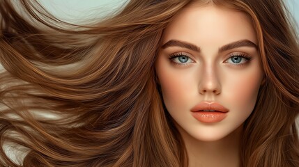 Wall Mural - beautiful woman model with long luxurious hair, beautiful makeup against