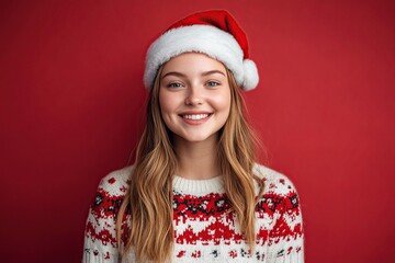 Cute young woman in knitted christmas sweater and santa hat