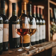 A rustic display of wine bottles and glasses, showcasing different varieties and colors of wine.